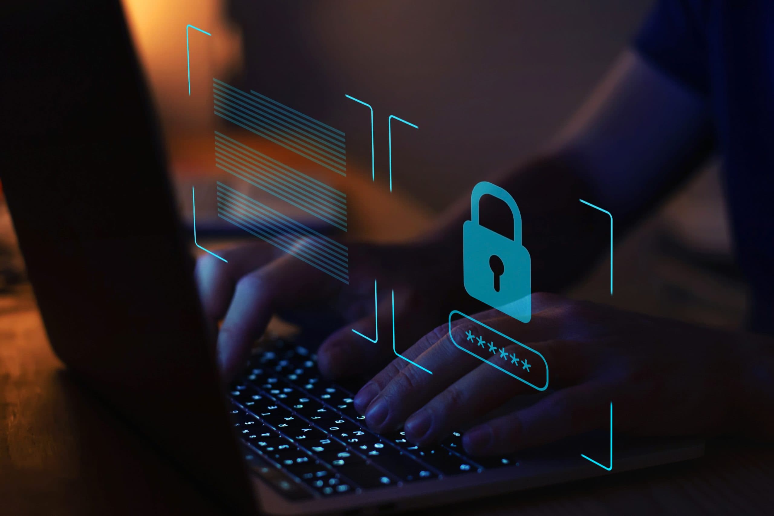 Beleuchtete Tastatur, auf der jemand tippt, darüber schwebt ein digitales Schloss